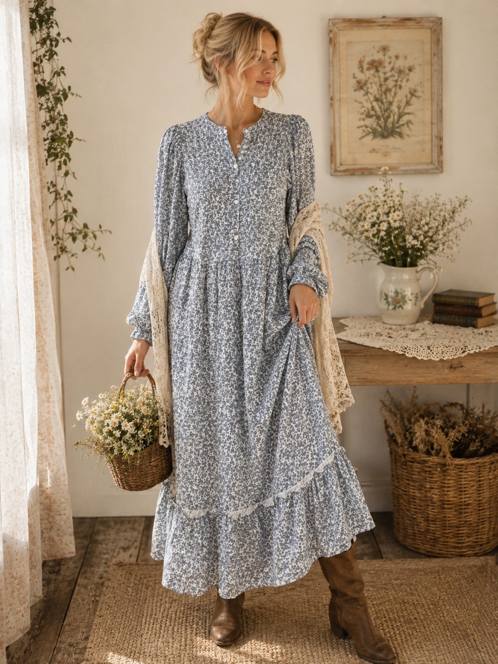 Cottagecore Prairie Ditsy Floral Midi Dress Tiered Ruffle Long Sleeves Pockets S - Picture 2 of 15